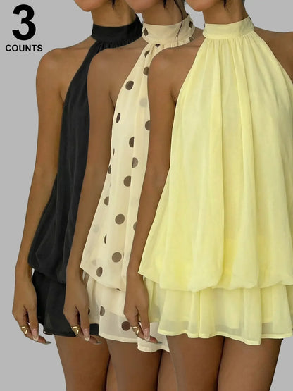 Women's Summer Fashion Party Halter Tie Back Mini Dress, Slim-Fitting Casual Elegant Short Sleeveless Dress for Home Outdoor City Style