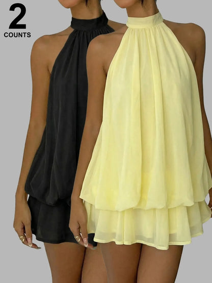 Women's Summer Fashion Party Halter Tie Back Mini Dress, Slim-Fitting Casual Elegant Short Sleeveless Dress for Home Outdoor City Style