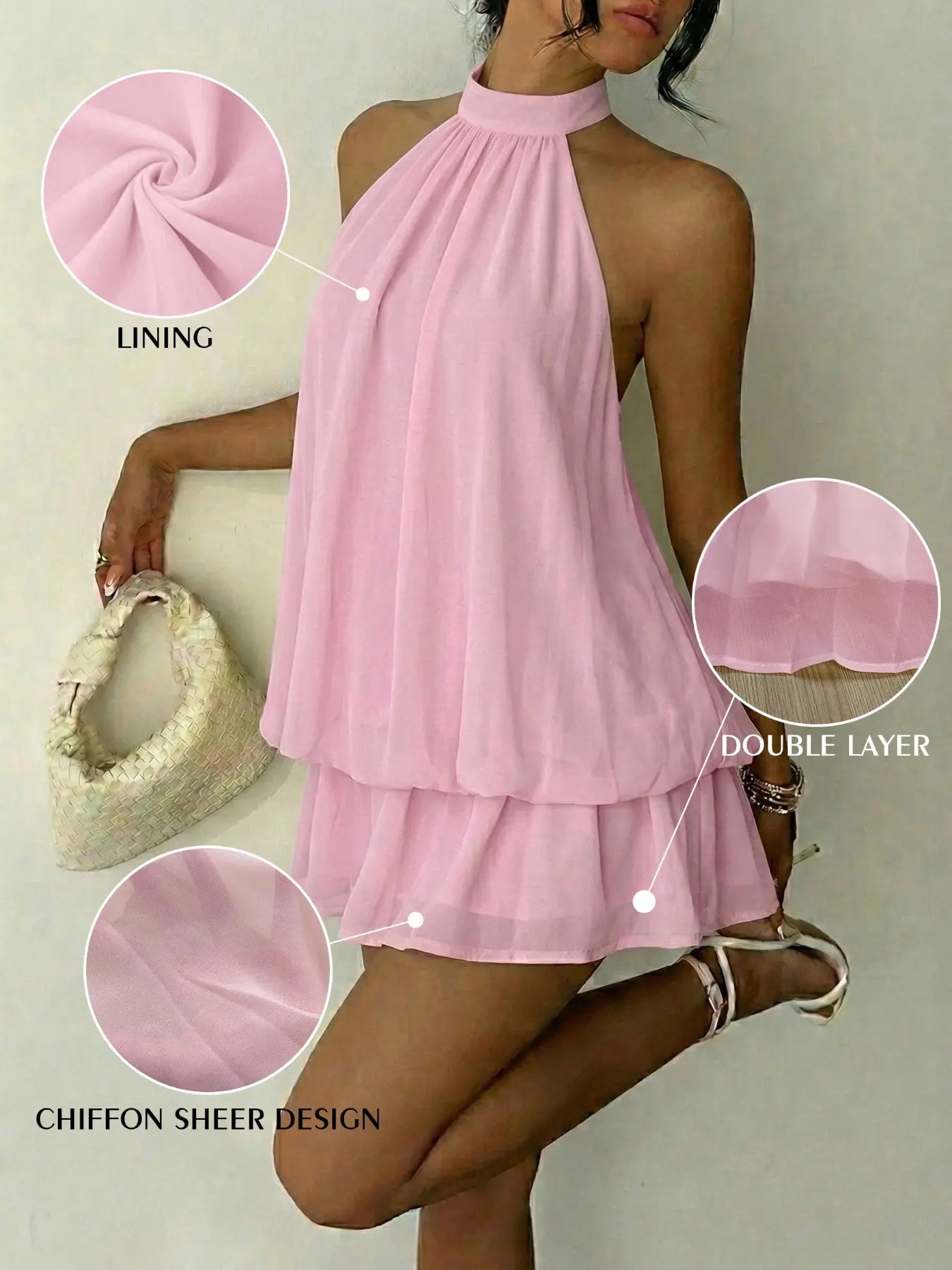 Women's Summer Fashion Party Halter Tie Back Mini Dress, Slim-Fitting Casual Elegant Short Sleeveless Dress for Home Outdoor City Style
