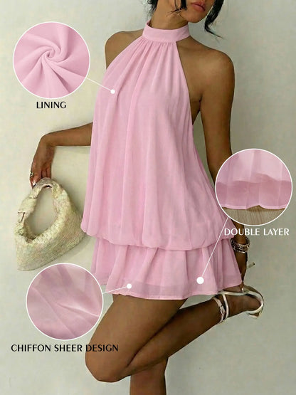 Women's Summer Fashion Party Halter Tie Back Mini Dress, Slim-Fitting Casual Elegant Short Sleeveless Dress for Home Outdoor City Style