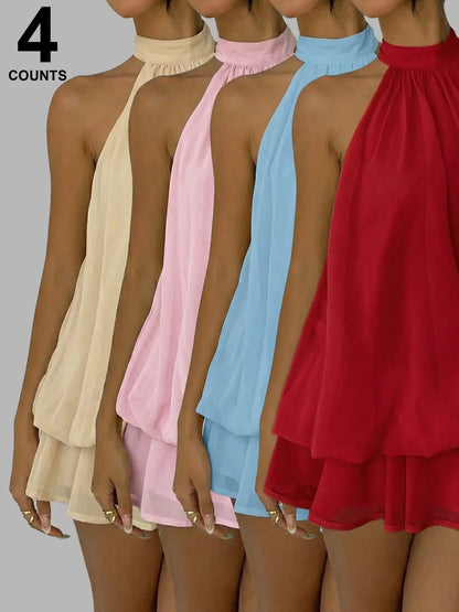 Women's Summer Fashion Party Halter Tie Back Mini Dress, Slim-Fitting Casual Elegant Short Sleeveless Dress for Home Outdoor City Style