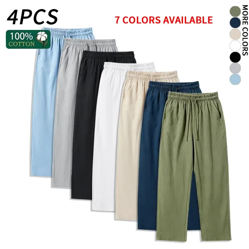 4 Pieces 100% Cotton Linen Pants for Men & Women, Summer Casual Elastic Waist Drawstring Wide Leg Breathable Pants