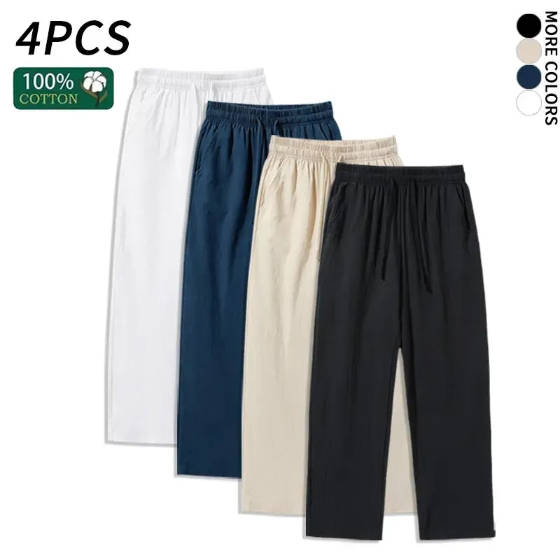 4 Pieces 100% Cotton Linen Pants for Men & Women, Summer Casual Elastic Waist Drawstring Wide Leg Breathable Pants