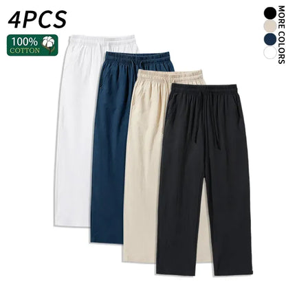 4 Pieces 100% Cotton Linen Pants for Men & Women, Summer Casual Elastic Waist Drawstring Wide Leg Breathable Pants