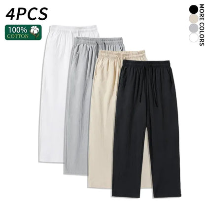 4 Pieces 100% Cotton Linen Pants for Men & Women, Summer Casual Elastic Waist Drawstring Wide Leg Breathable Pants