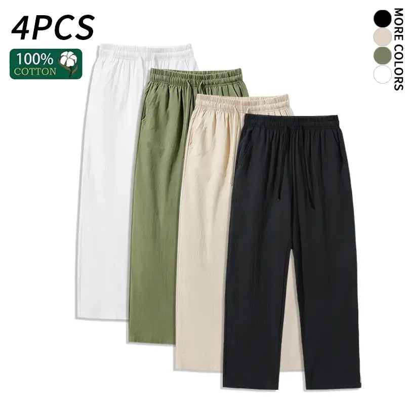 4 Pieces 100% Cotton Linen Pants for Men & Women, Summer Casual Elastic Waist Drawstring Wide Leg Breathable Pants