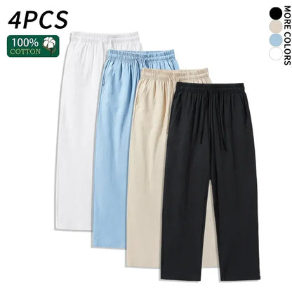 4 Pieces 100% Cotton Linen Pants for Men & Women, Summer Casual Elastic Waist Drawstring Wide Leg Breathable Pants