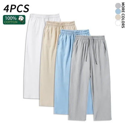 4 Pieces 100% Cotton Linen Pants for Men & Women, Summer Casual Elastic Waist Drawstring Wide Leg Breathable Pants