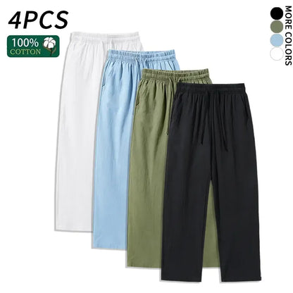 4 Pieces 100% Cotton Linen Pants for Men & Women, Summer Casual Elastic Waist Drawstring Wide Leg Breathable Pants