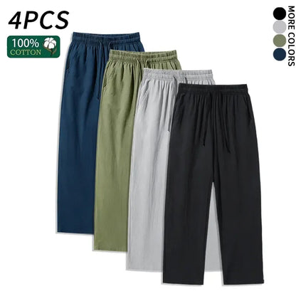 4 Pieces 100% Cotton Linen Pants for Men & Women, Summer Casual Elastic Waist Drawstring Wide Leg Breathable Pants