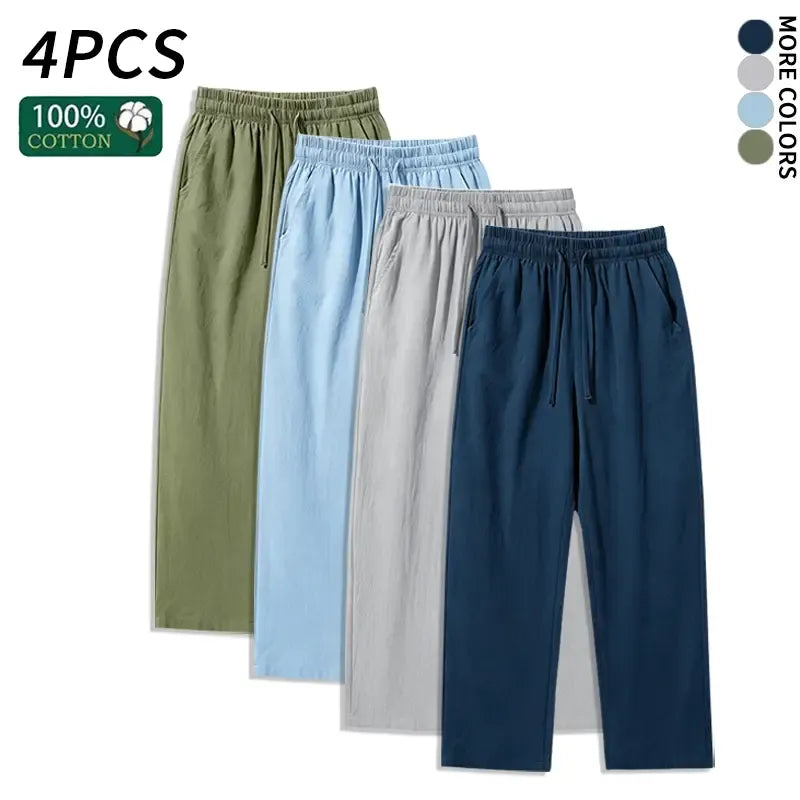 4 Pieces 100% Cotton Linen Pants for Men & Women, Summer Casual Elastic Waist Drawstring Wide Leg Breathable Pants