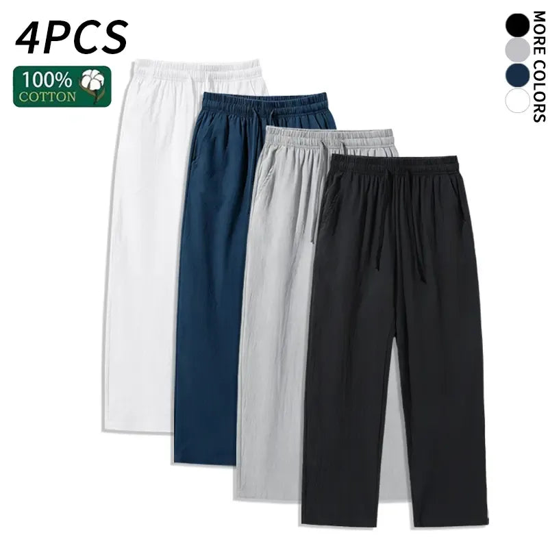 4 Pieces 100% Cotton Linen Pants for Men & Women, Summer Casual Elastic Waist Drawstring Wide Leg Breathable Pants
