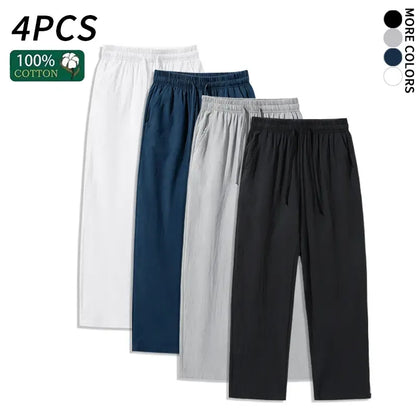 4 Pieces 100% Cotton Linen Pants for Men & Women, Summer Casual Elastic Waist Drawstring Wide Leg Breathable Pants