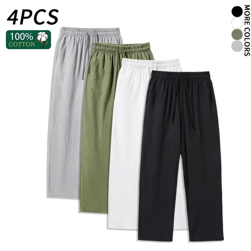 4 Pieces 100% Cotton Linen Pants for Men & Women, Summer Casual Elastic Waist Drawstring Wide Leg Breathable Pants