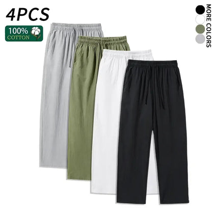 4 Pieces 100% Cotton Linen Pants for Men & Women, Summer Casual Elastic Waist Drawstring Wide Leg Breathable Pants