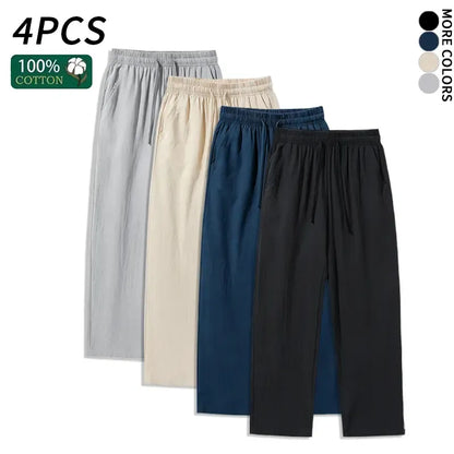 4 Pieces 100% Cotton Linen Pants for Men & Women, Summer Casual Elastic Waist Drawstring Wide Leg Breathable Pants