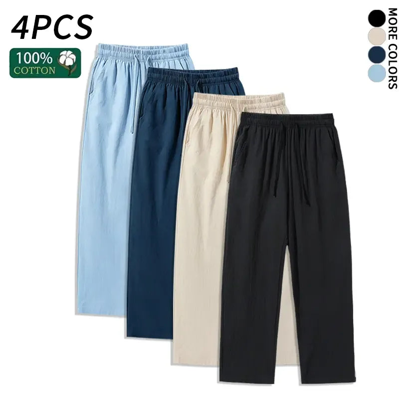 4 Pieces 100% Cotton Linen Pants for Men & Women, Summer Casual Elastic Waist Drawstring Wide Leg Breathable Pants