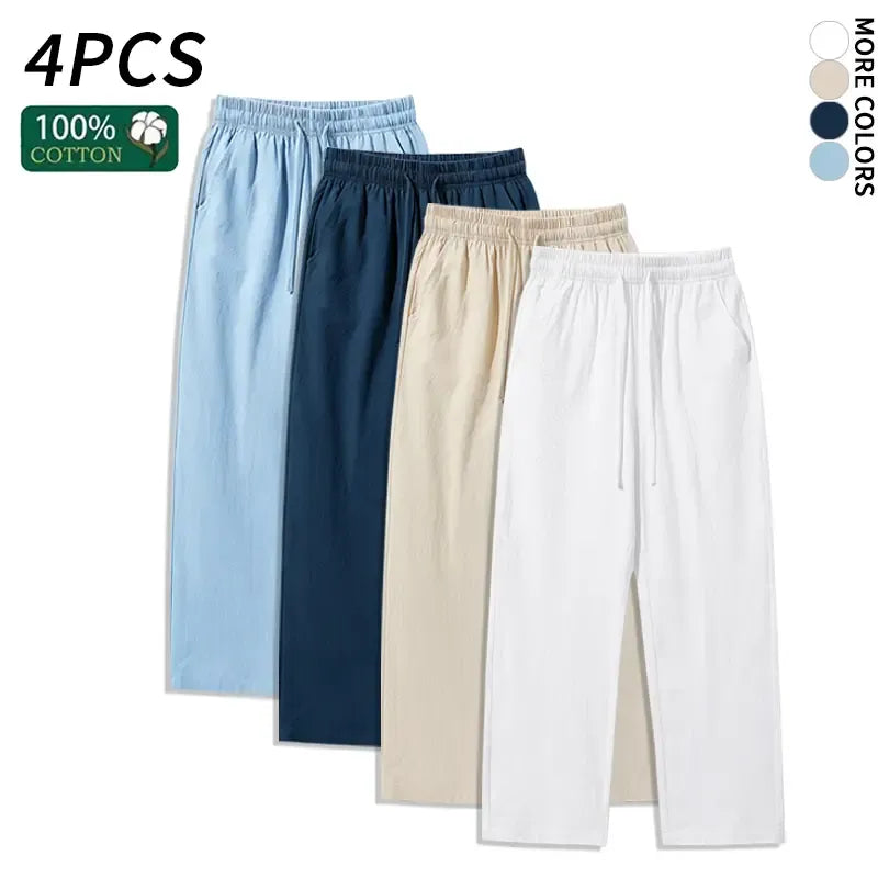 4 Pieces 100% Cotton Linen Pants for Men & Women, Summer Casual Elastic Waist Drawstring Wide Leg Breathable Pants