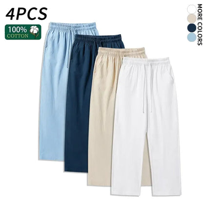 4 Pieces 100% Cotton Linen Pants for Men & Women, Summer Casual Elastic Waist Drawstring Wide Leg Breathable Pants