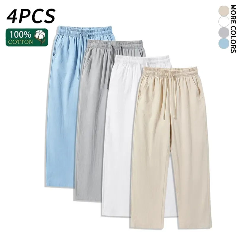 4 Pieces 100% Cotton Linen Pants for Men & Women, Summer Casual Elastic Waist Drawstring Wide Leg Breathable Pants