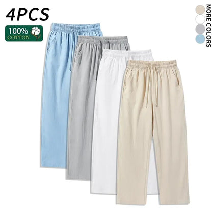 4 Pieces 100% Cotton Linen Pants for Men & Women, Summer Casual Elastic Waist Drawstring Wide Leg Breathable Pants