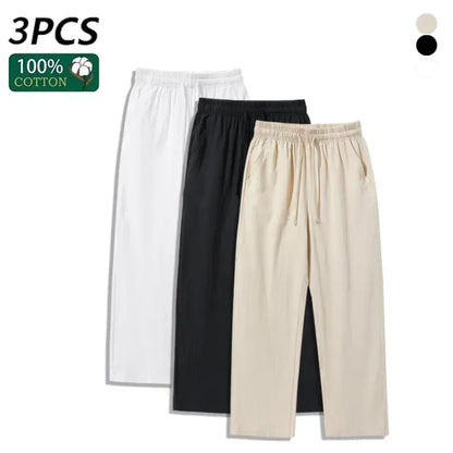 4 Pieces 100% Cotton Linen Pants for Men & Women, Summer Casual Elastic Waist Drawstring Wide Leg Breathable Pants