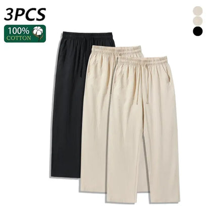 4 Pieces 100% Cotton Linen Pants for Men & Women, Summer Casual Elastic Waist Drawstring Wide Leg Breathable Pants