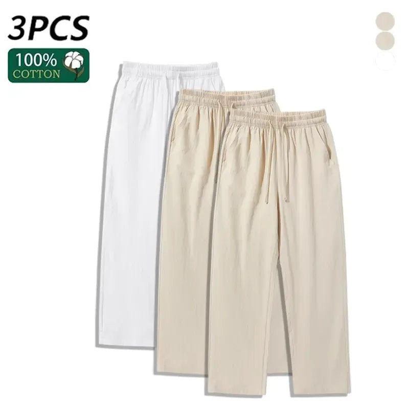 4 Pieces 100% Cotton Linen Pants for Men & Women, Summer Casual Elastic Waist Drawstring Wide Leg Breathable Pants