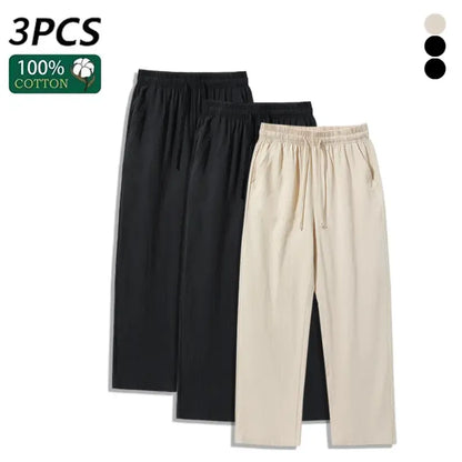 4 Pieces 100% Cotton Linen Pants for Men & Women, Summer Casual Elastic Waist Drawstring Wide Leg Breathable Pants