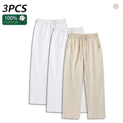 4 Pieces 100% Cotton Linen Pants for Men & Women, Summer Casual Elastic Waist Drawstring Wide Leg Breathable Pants