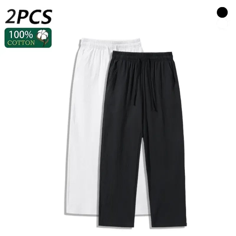 4 Pieces 100% Cotton Linen Pants for Men & Women, Summer Casual Elastic Waist Drawstring Wide Leg Breathable Pants