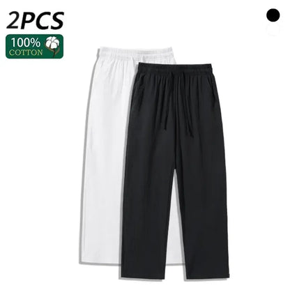4 Pieces 100% Cotton Linen Pants for Men & Women, Summer Casual Elastic Waist Drawstring Wide Leg Breathable Pants
