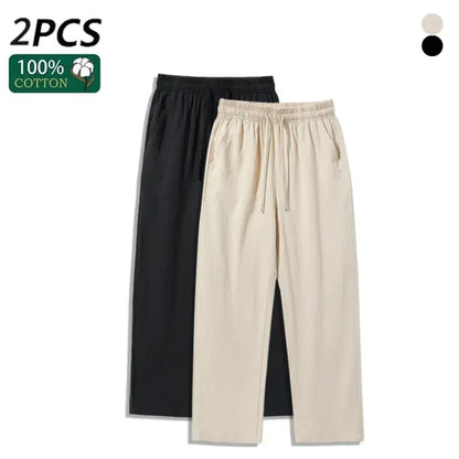 4 Pieces 100% Cotton Linen Pants for Men & Women, Summer Casual Elastic Waist Drawstring Wide Leg Breathable Pants