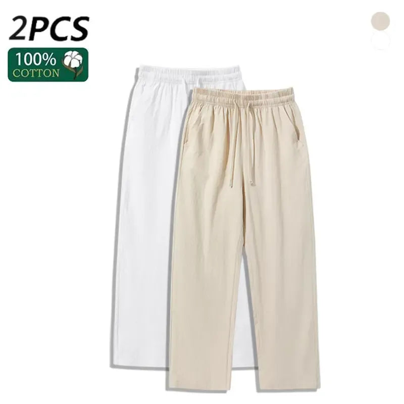 4 Pieces 100% Cotton Linen Pants for Men & Women, Summer Casual Elastic Waist Drawstring Wide Leg Breathable Pants