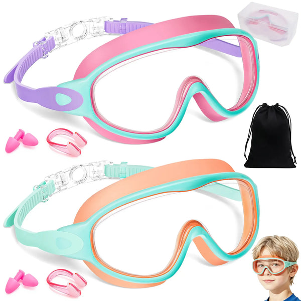 2 Pack Kids Swim Goggles for 3-15+ UV Protection Anti-Fog High Definition Waterproof Adjustable Goggles for Boys and Girls
