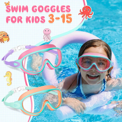 2 Pack Kids Swim Goggles for 3-15+ UV Protection Anti-Fog High Definition Waterproof Adjustable Goggles for Boys and Girls