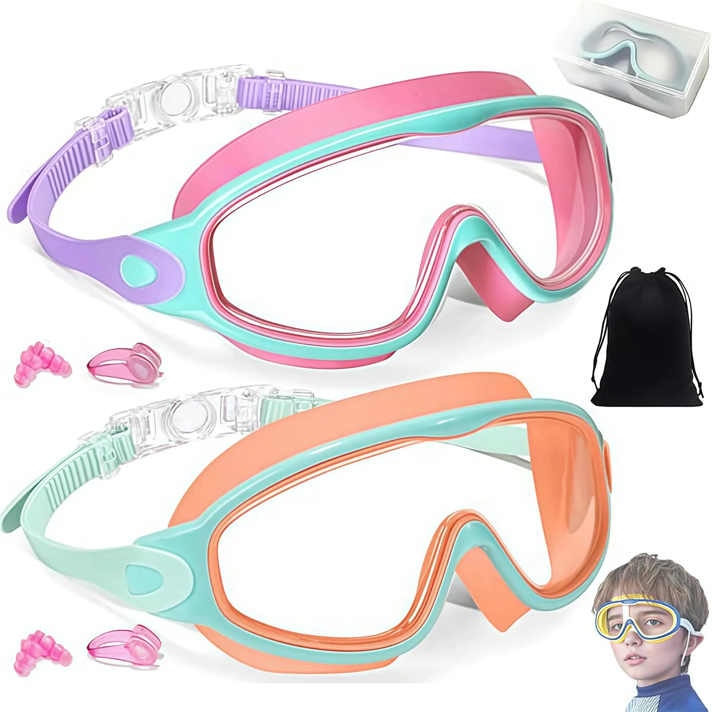 2 Pack Kids Swim Goggles for 3-15+ UV Protection Anti-Fog High Definition Waterproof Adjustable Goggles for Boys and Girls