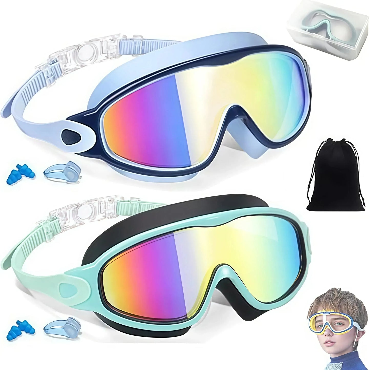 2 Pack Kids Swim Goggles for 3-15+ UV Protection Anti-Fog High Definition Waterproof Adjustable Goggles for Boys and Girls