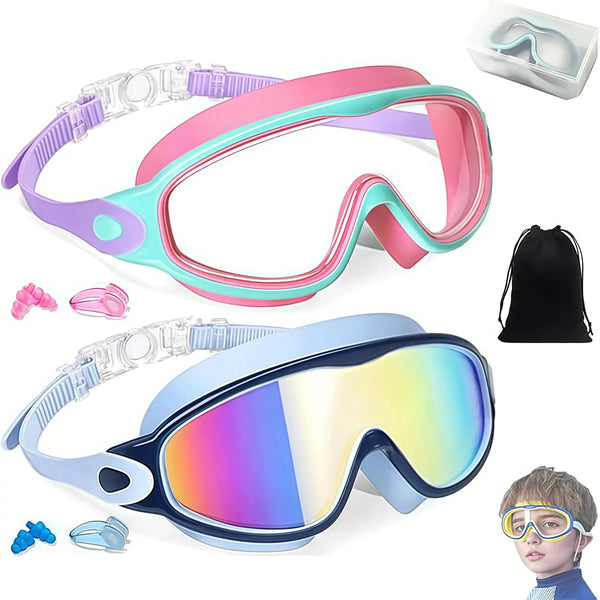 2 Pack Kids Swim Goggles for 3-15+ UV Protection Anti-Fog High Definition Waterproof Adjustable Goggles for Boys and Girls