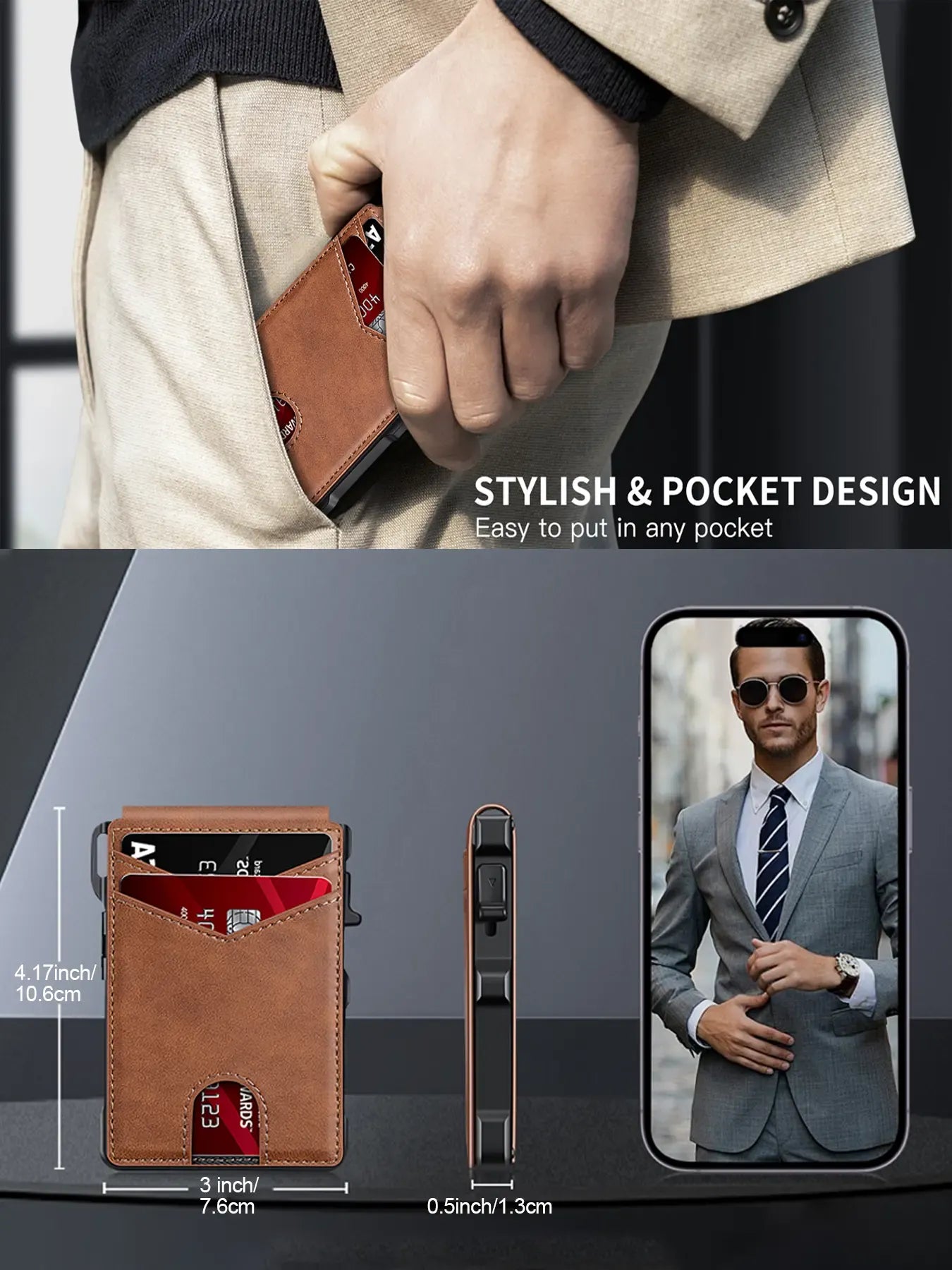 Minimalist Men’s Slim Wallet: 9 - 13 Cards, Money Clip, ID Window.