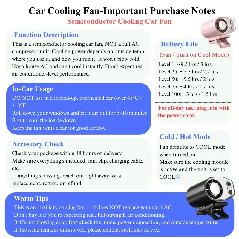 Semiconductor Cooling Clip-On Fan - Portable Clip Fan, Car Accessories, 360° Rotatable