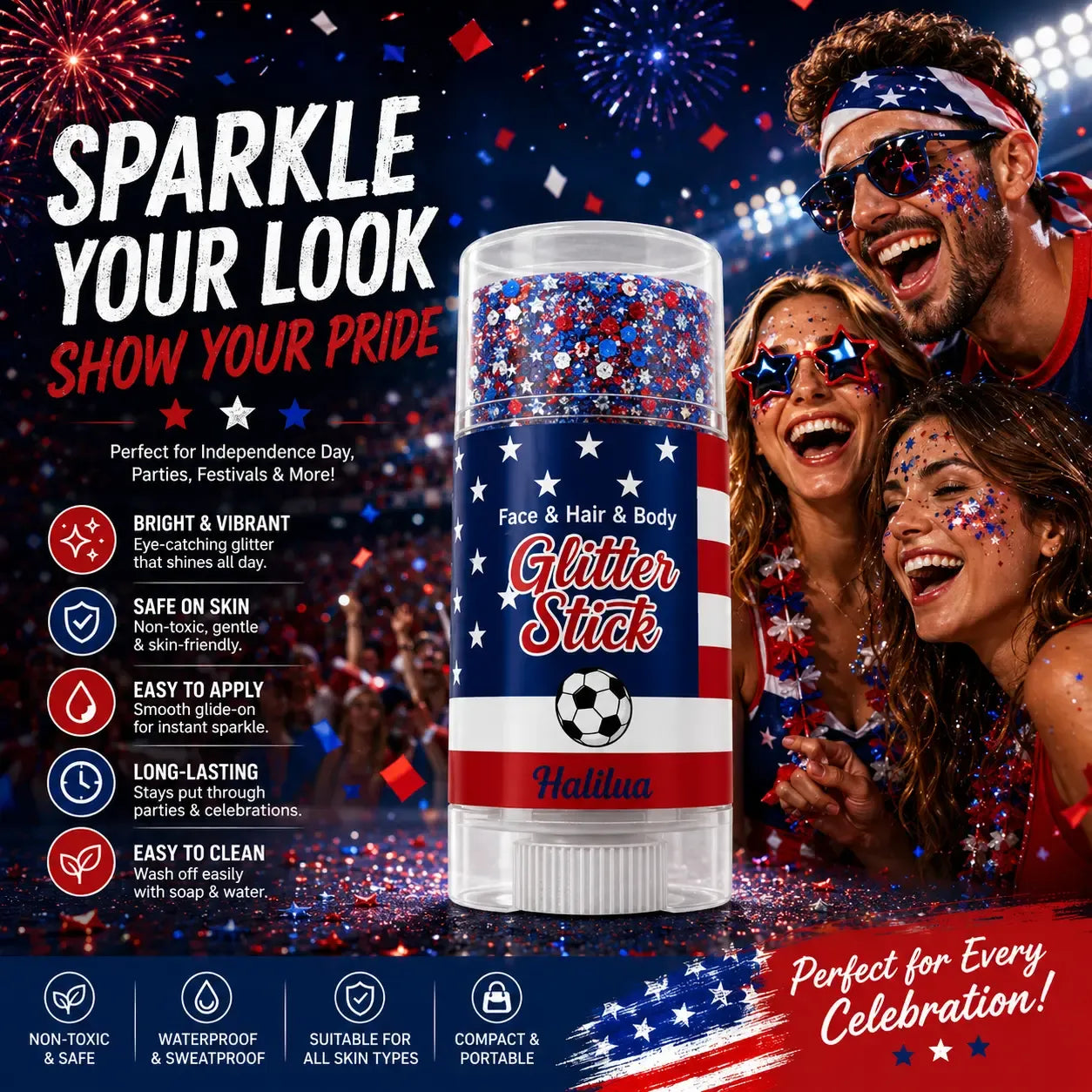 4th of July Glitter Stick | Red, White & Blue Body & Hair Sparkle for Independence Day Party, Festival & Fun Holiday Look