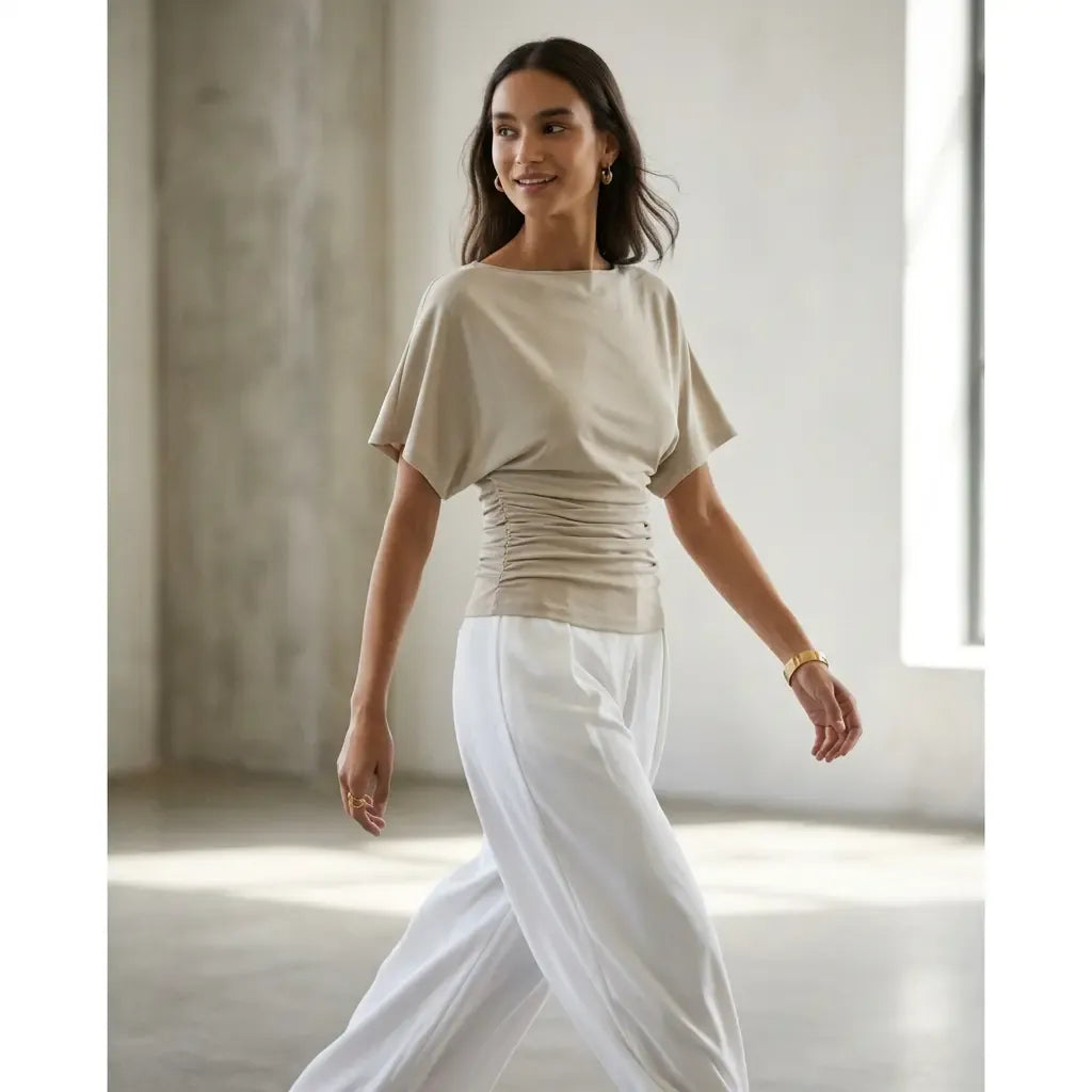 Women's Effortless Boatneck Batwing Sleeve Side Ruched Shirt - Casual, Stylish Quiet Luxury Essential Lady's Fashion Apparel, Women's Clothes
