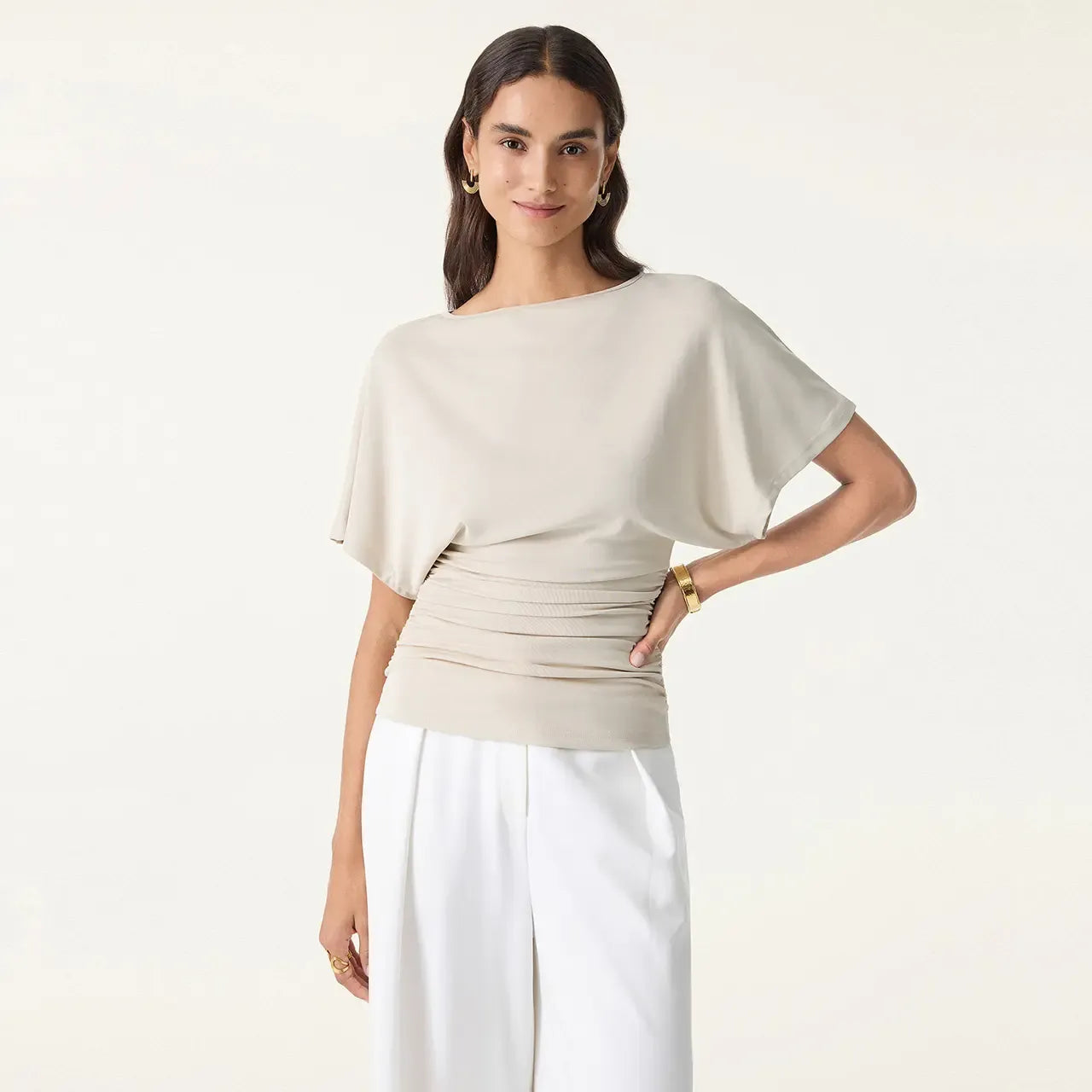 Women's Effortless Boatneck Batwing Sleeve Side Ruched Shirt - Casual, Stylish Quiet Luxury Essential Lady's Fashion Apparel, Women's Clothes