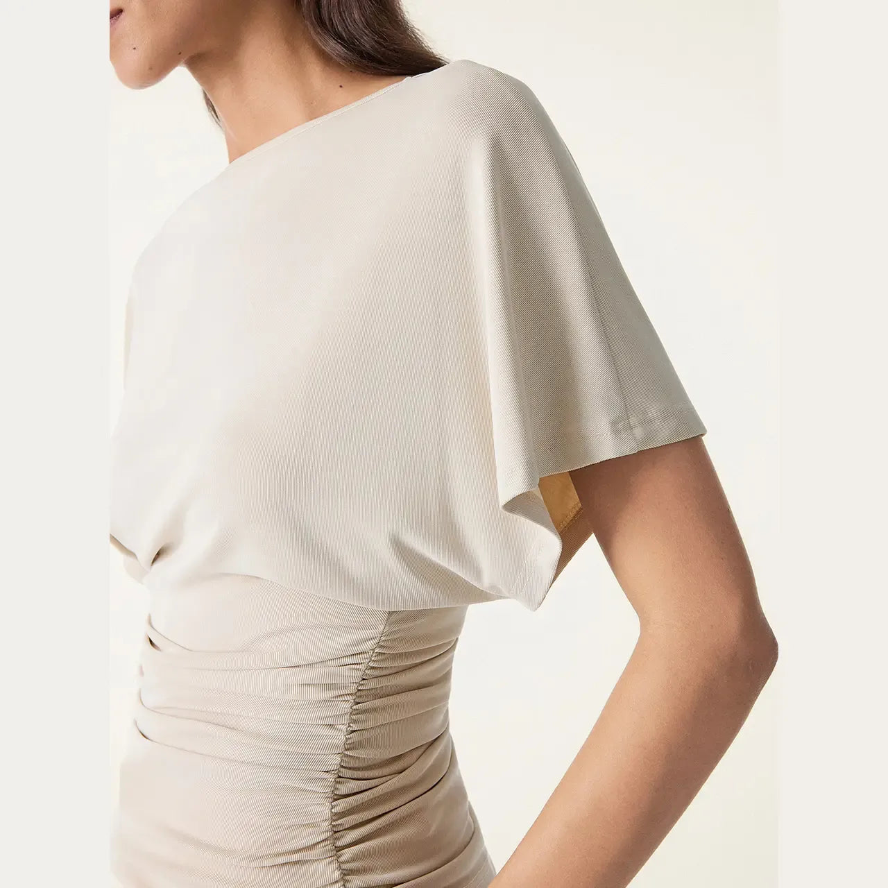 Women's Effortless Boatneck Batwing Sleeve Side Ruched Shirt - Casual, Stylish Quiet Luxury Essential Lady's Fashion Apparel, Women's Clothes
