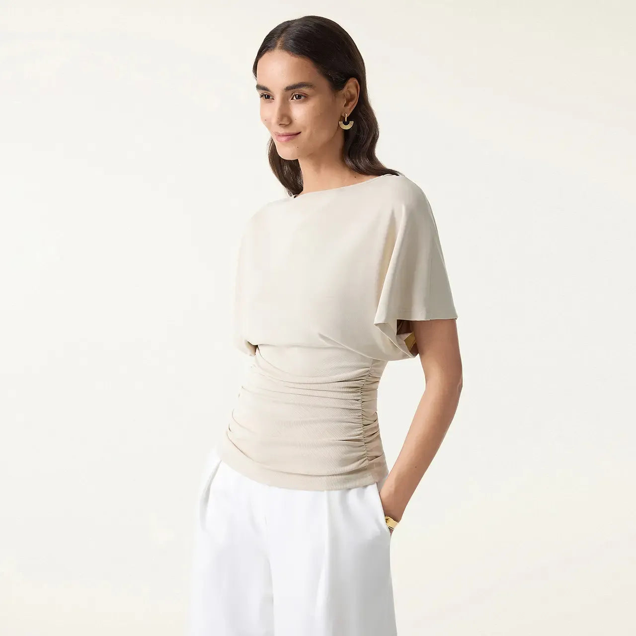 Women's Effortless Boatneck Batwing Sleeve Side Ruched Shirt - Casual, Stylish Quiet Luxury Essential Lady's Fashion Apparel, Women's Clothes