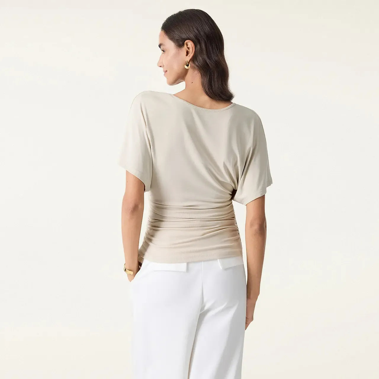 Women's Effortless Boatneck Batwing Sleeve Side Ruched Shirt - Casual, Stylish Quiet Luxury Essential Lady's Fashion Apparel, Women's Clothes