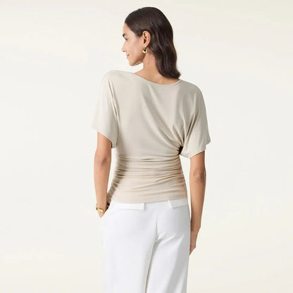 Women's Effortless Boatneck Batwing Sleeve Side Ruched Shirt - Casual, Stylish Quiet Luxury Essential Lady's Fashion Apparel, Women's Clothes