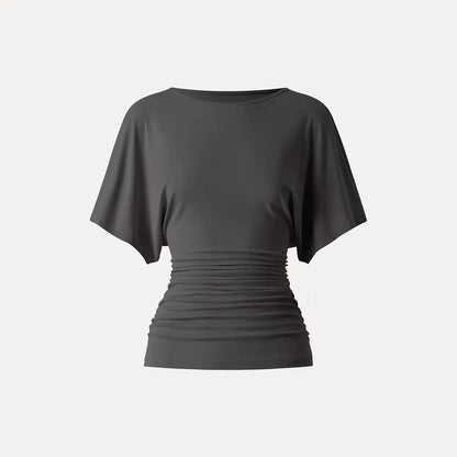 Women's Effortless Boatneck Batwing Sleeve Side Ruched Shirt - Casual, Stylish Quiet Luxury Essential Lady's Fashion Apparel, Women's Clothes