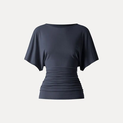 Women's Effortless Boatneck Batwing Sleeve Side Ruched Shirt - Casual, Stylish Quiet Luxury Essential Lady's Fashion Apparel, Women's Clothes